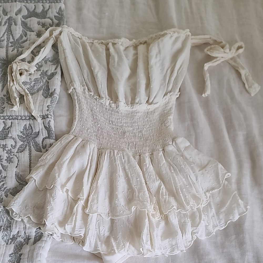 Forever 21 Cream Ruffled Smocked Romper